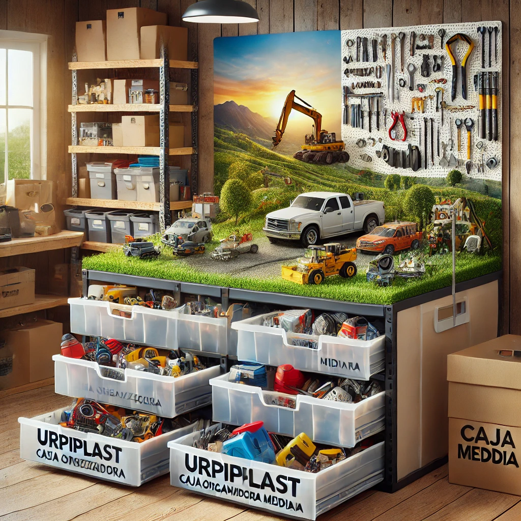 The Urpiplast Caja Organizadora Mediana in a garage, neatly organizing tools and hardware, showcasing its durability and practicality for heavy items.